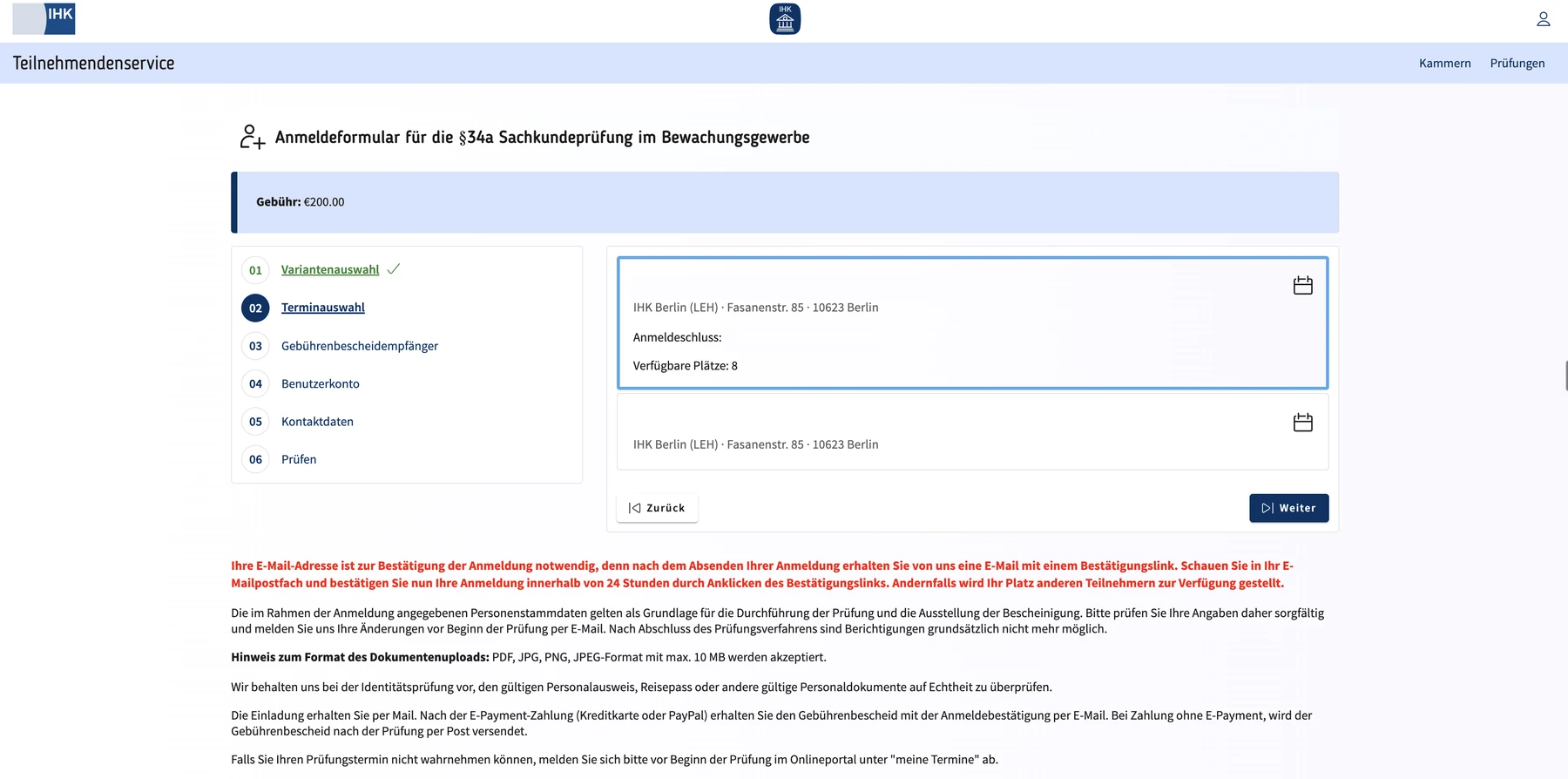 IHK-Anmeldung mit einer Auswahl für einen freien Prüfungstermin ohne festes Beispieldatum