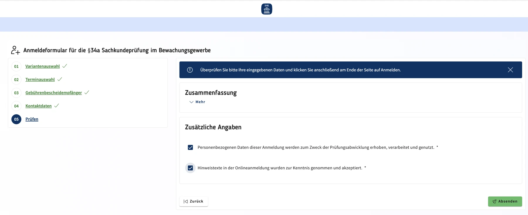 Letzte Prüfübersicht vor dem Absenden der IHK-Anmeldung