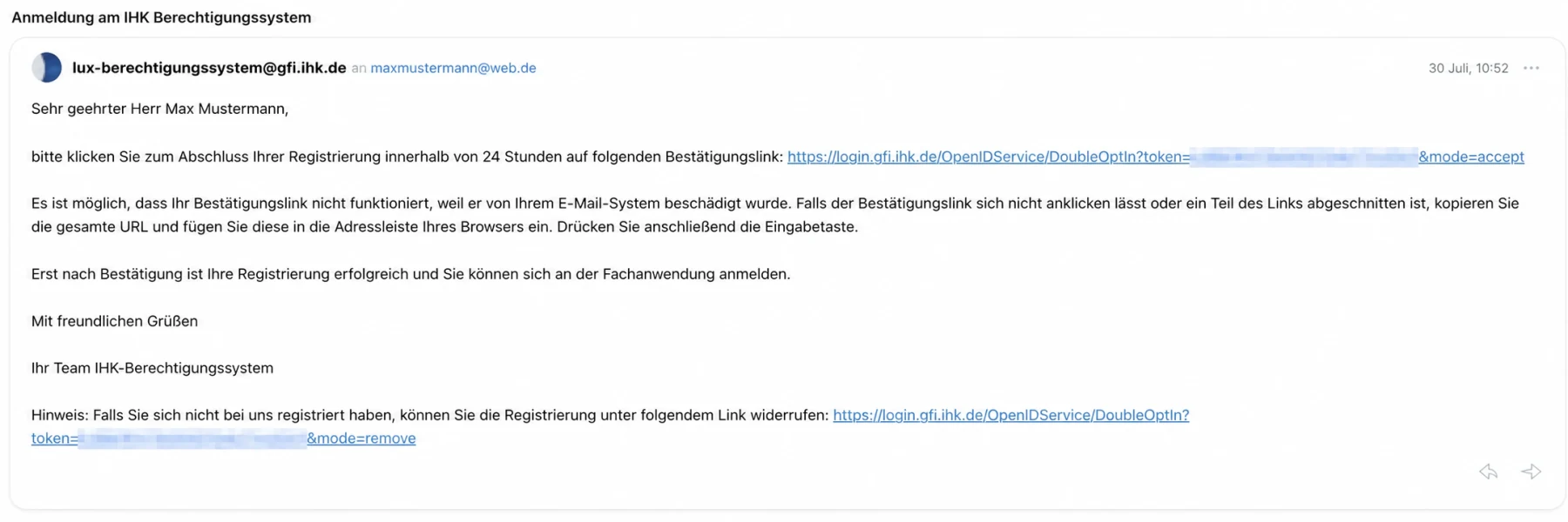 Beispiel einer Bestätigungs-E-Mail der IHK mit verdecktem Sicherheitslink