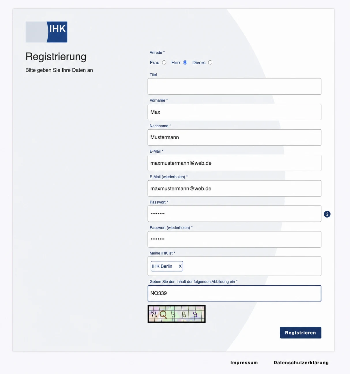 Beispiel der IHK-Registrierung mit ausgewählter IHK Berlin